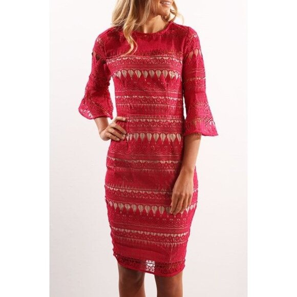 🆕COOPER ST Decadent Crochet Lace Bell Sleeve Shift Dress Red 2 - Picture 3 of 16